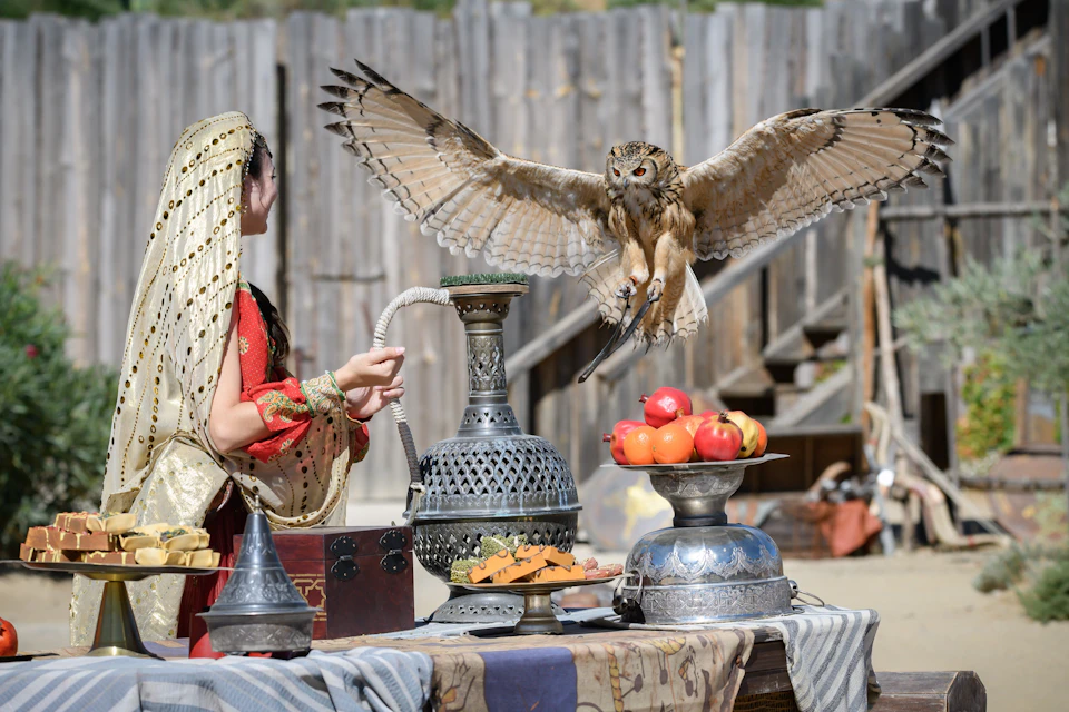 An owl landing on a table with fruits, dishes, and ornate objects, next to a woman in traditional attire, outdoors.