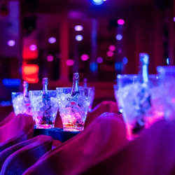 Rad med ishinkar med flaskor på en nattklubb, upplysta av neonlila och röda lampor, sedda på en bänk med röda stolar.