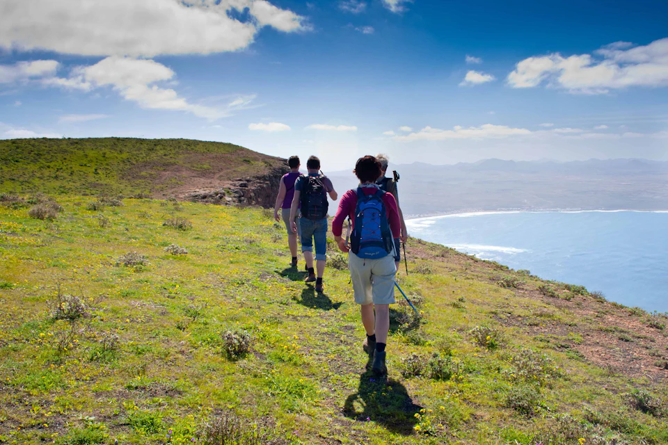 Three hikers with backpacks and trekking poles walking on a grassy hill near the ocean under a clear, blue sky.
