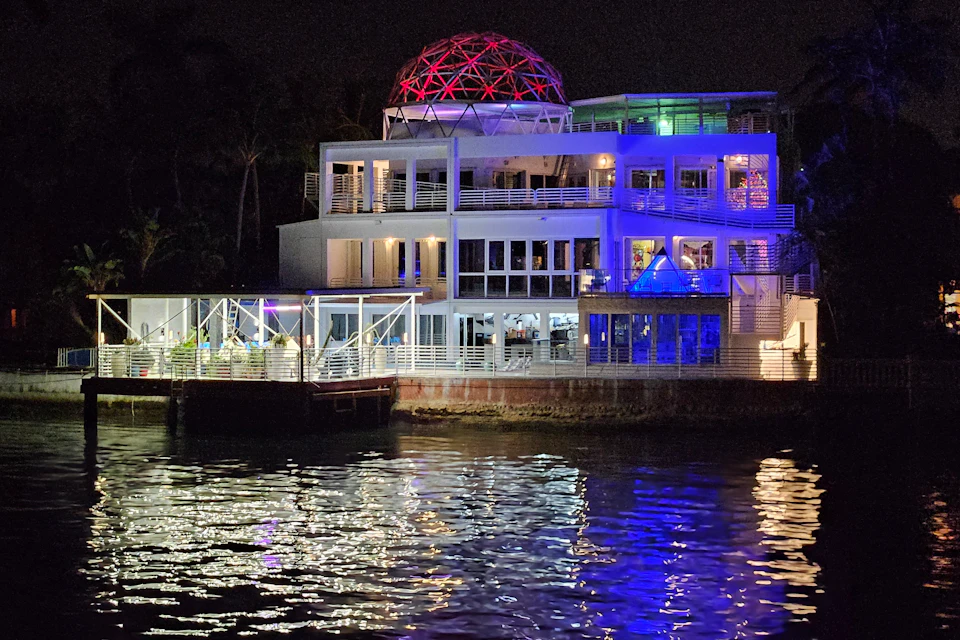 Celebrity home lit up at night
