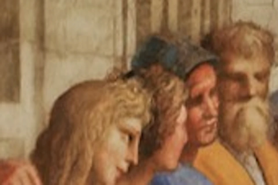 A detailed painting of a group of philosophers in a grand architectural setting, featuring a central arch and vivid colors.