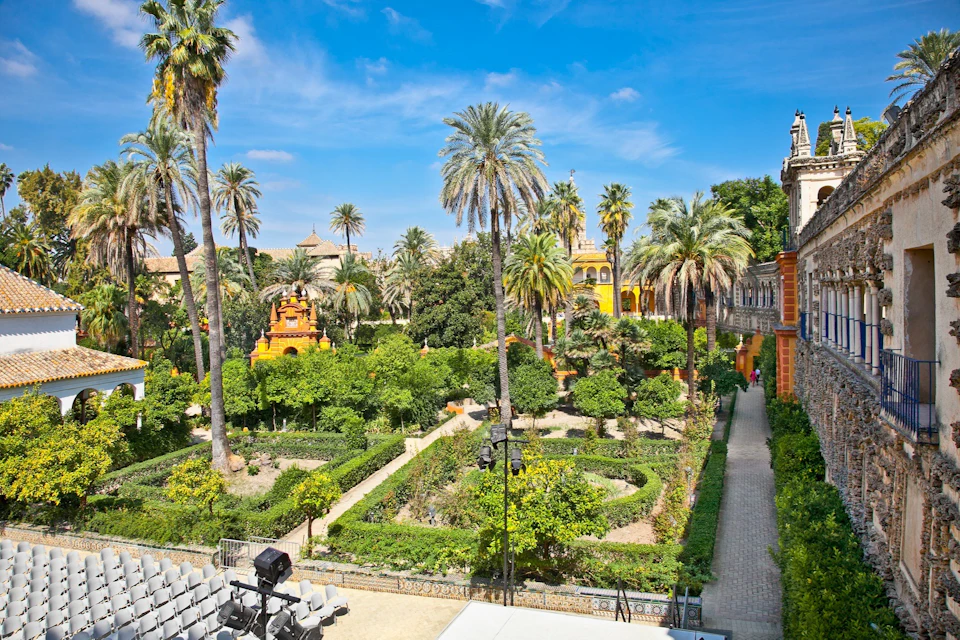 A formal garden with palm trees, neatly arranged paths, and a decorative structure, under a clear blue sky.