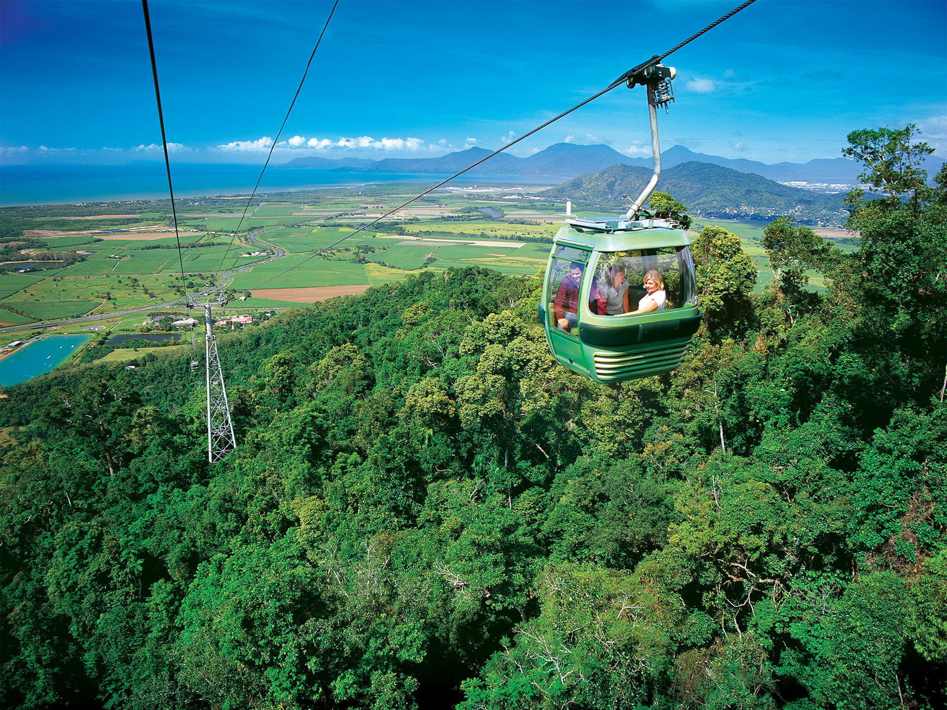 A green cable car carries people over a lush green forest with mountains and a clear blue sky in the background.