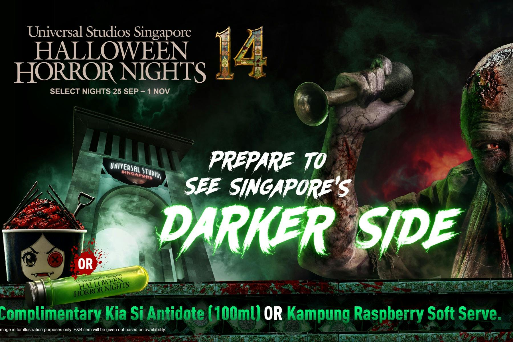 Promotional poster for Universal Studios Singapore's Halloween Horror Nights 14 with themed graphics and text.
