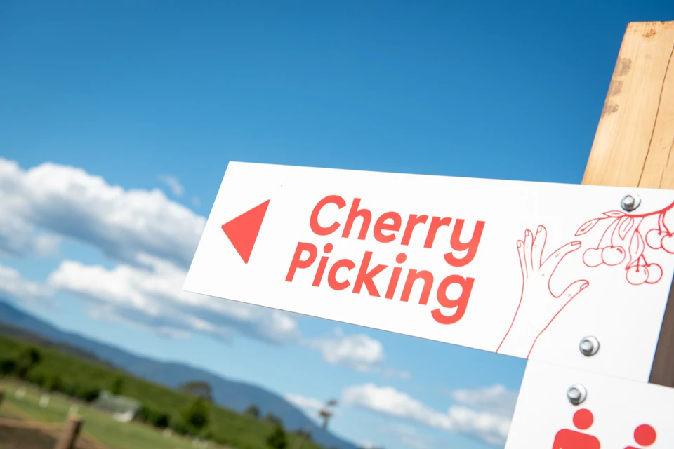 A sign reading 'Cherry Picking' with an arrow pointing left, set against a blue sky with clouds and a distant landscape.