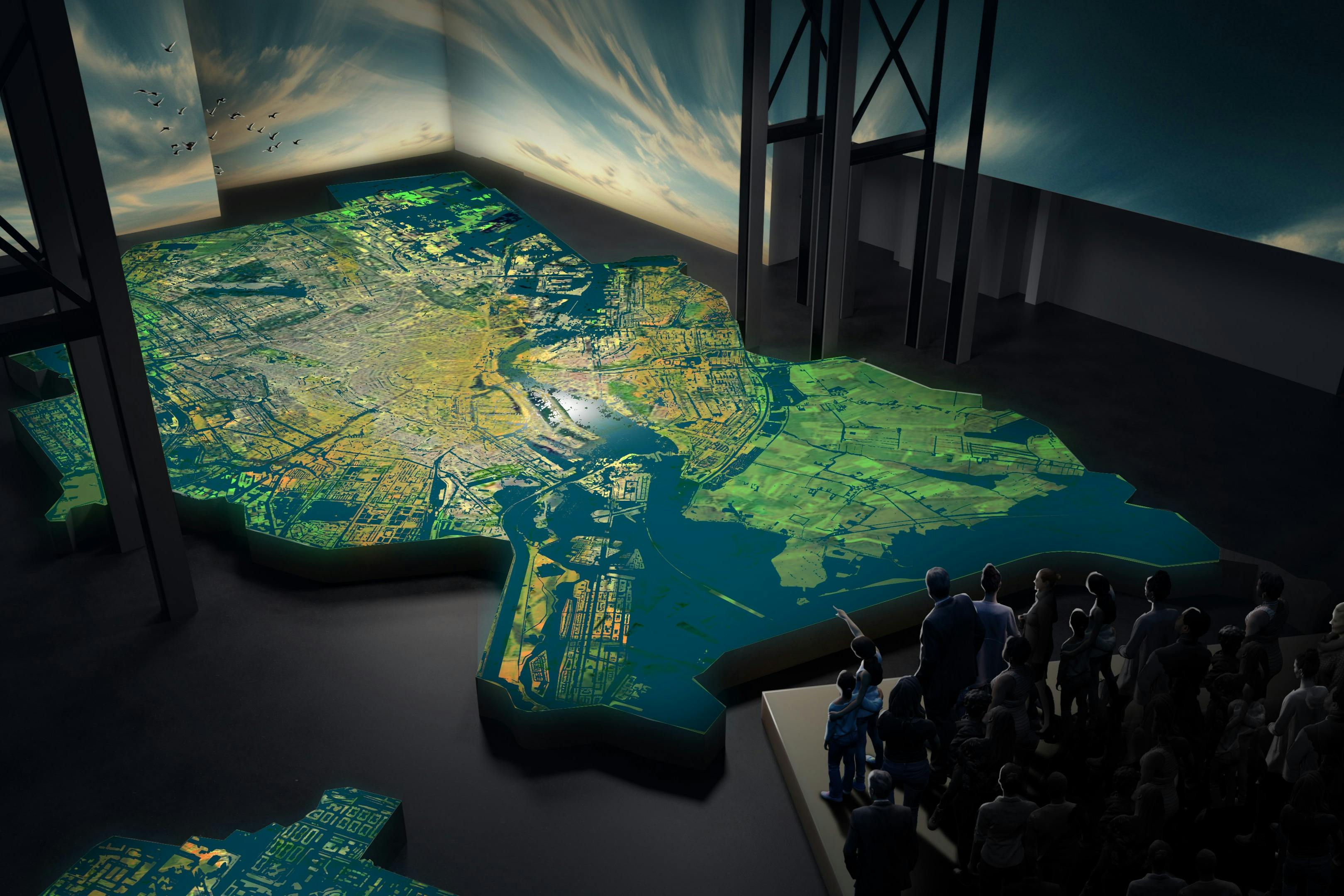 一群人在地板上看到一张大型3D地图，描绘了一幅向农村地区过渡的城市景观。