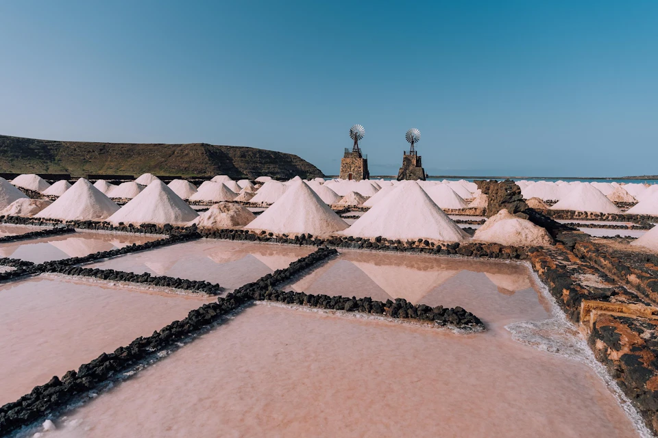 View of water mills in Salinas de Janubio
