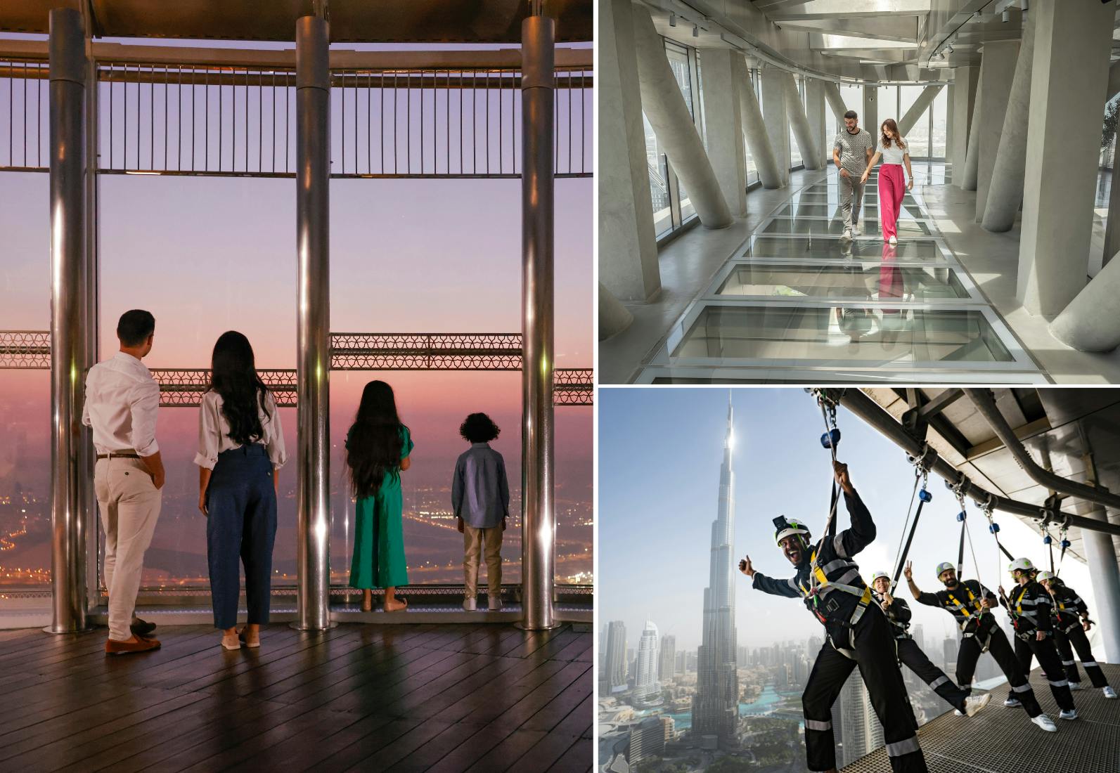 Trois personnes font face à un paysage urbain depuis un pont d&#39;observation élevé ; une famille marche sur des planchers de verre ; une personne fait de la tyrolienne près d&#39;un gratte-ciel.