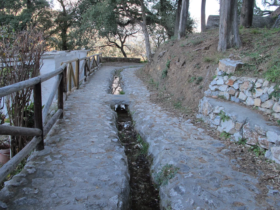 A narrow stone pathway with a stream runs alongside a hillside, bordered by trees and a wooden fence.