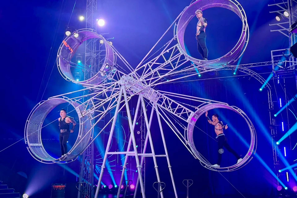 Three performers inside spinning metal wheel apparatuses during a circus performance with colorful lights.