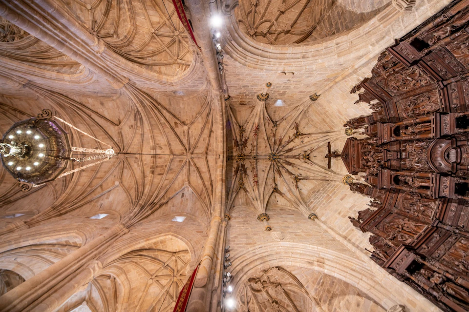 Interior view of a Gothic cathedral ceiling featuring intricate stone ribbed vaulting and a wooden structure on the right.