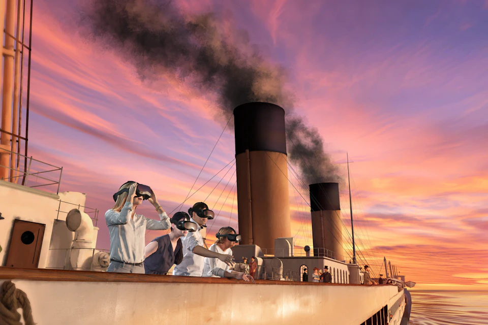 People on the deck of a ship wearing virtual reality headsets, with smokestacks visible under a colorful sky.