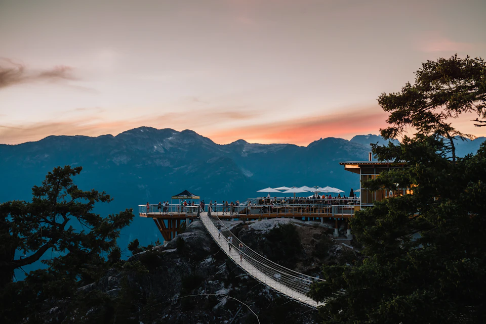 Summit Lodge and viewing deck at sunset