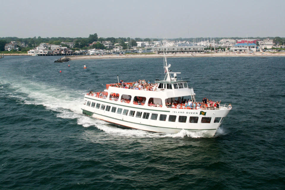 The Island Queen Ferry is leaving Falmouth for Martha's Vineyard.