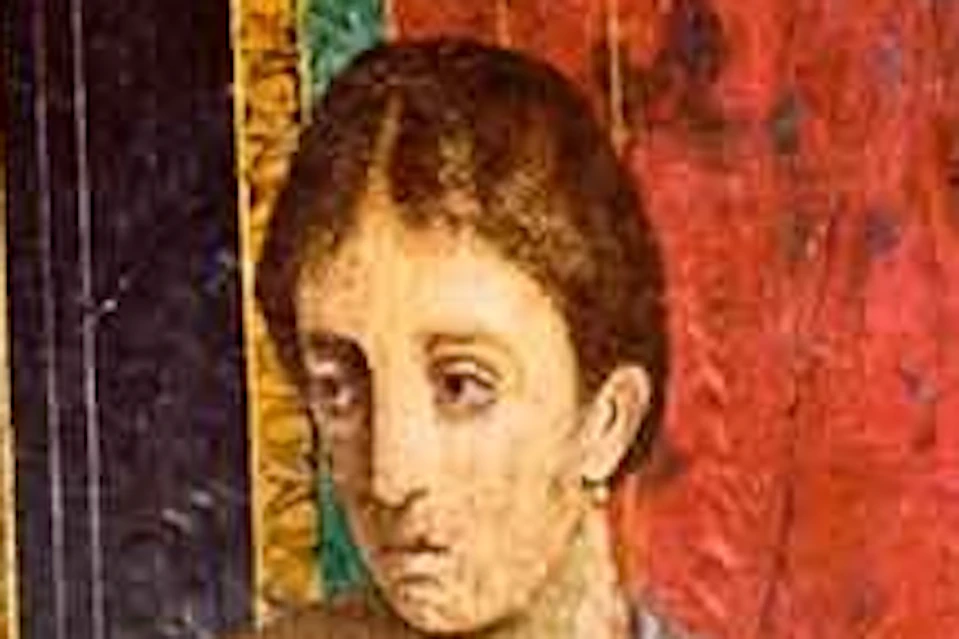 A fresco depicting three figures: a seated man, a standing woman holding a tray, and a child reading a scroll, against a red background.
