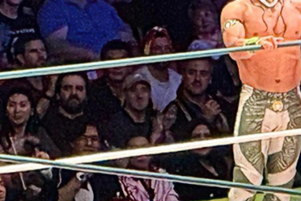 Two masked wrestlers in a colorful wrestling ring with a cheering audience in the background at an indoor event.