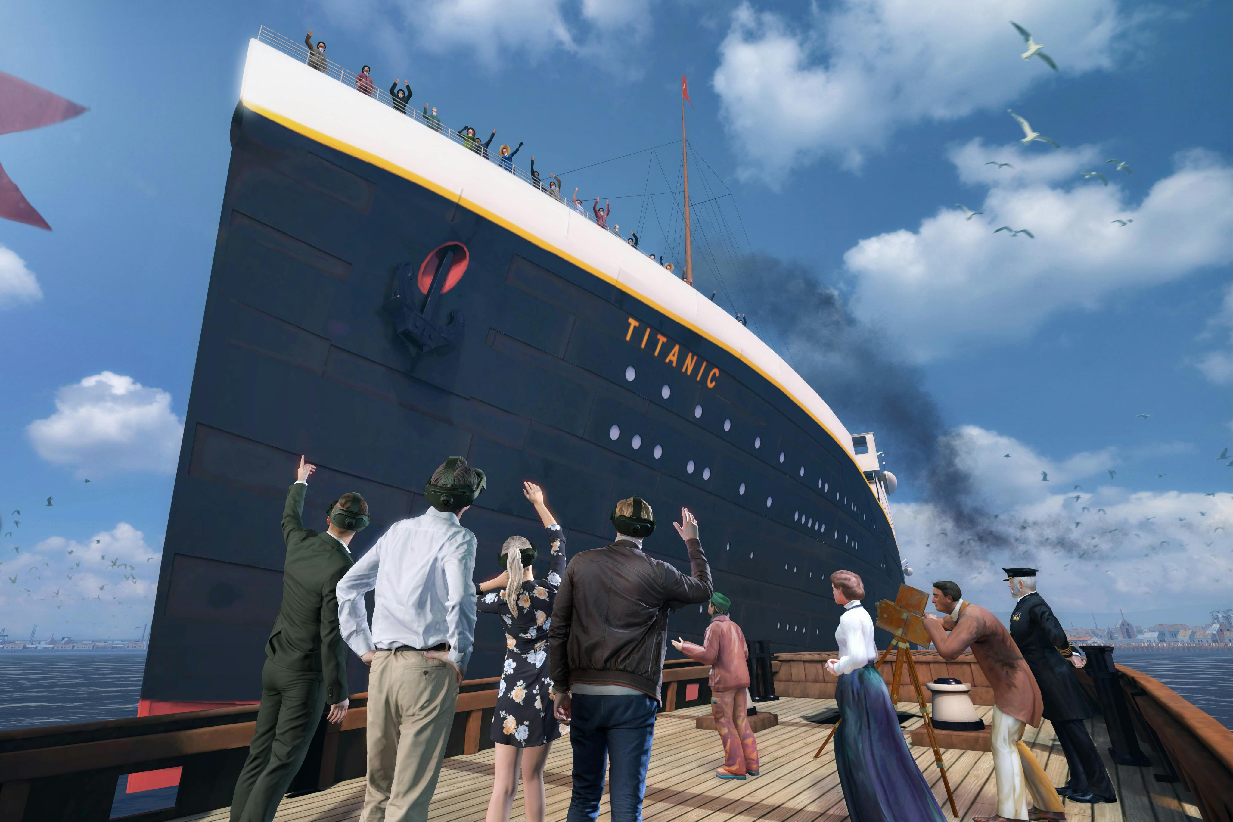 Des personnes sur un quai saluent le Titanic qui s'éloigne sous un ciel bleu parsemé de nuages.