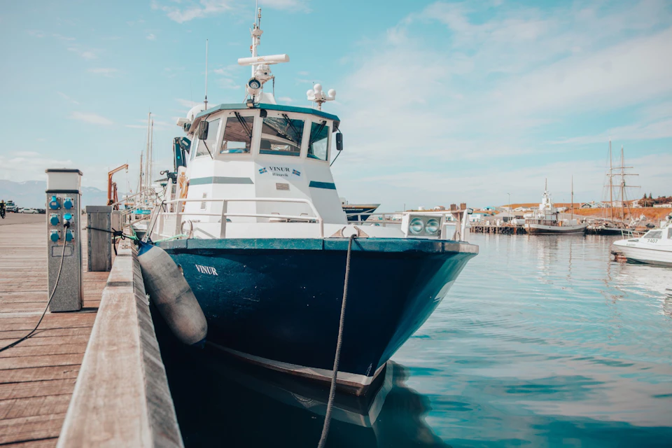 A blue and white boat docked at a marina on a sunny day, with clear water and a blue sky in the background.