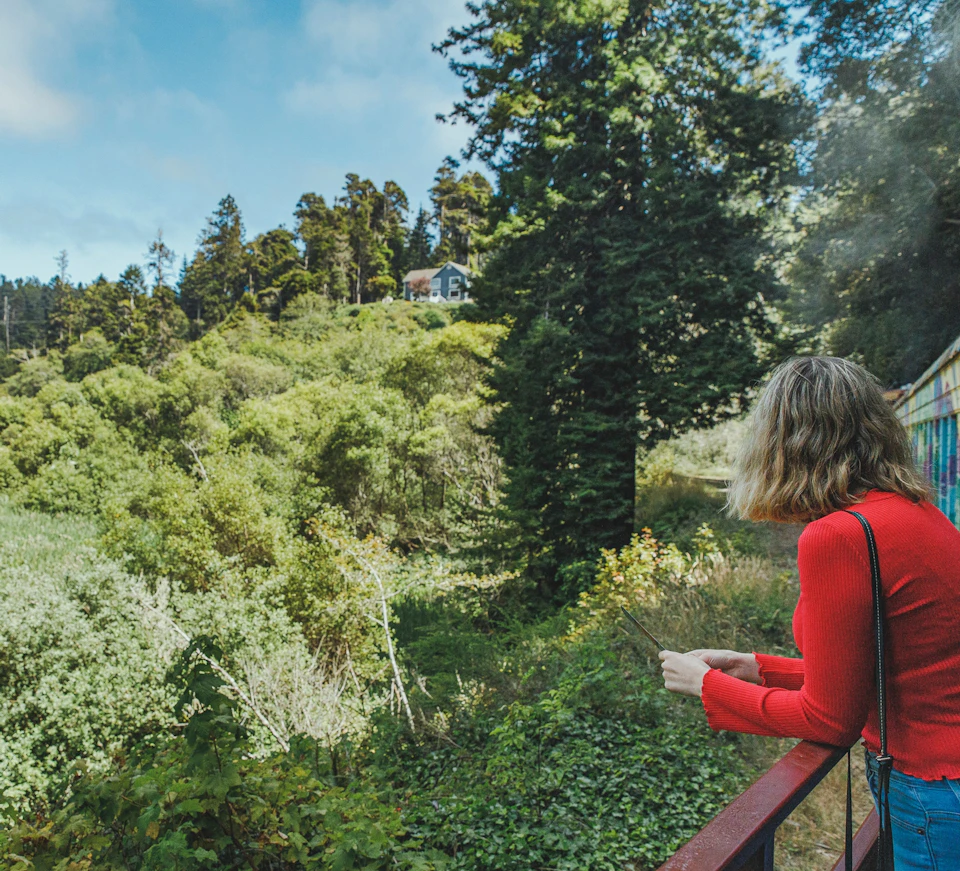 A person in a red sweater stands on a balcony, overlooking a lush, green hillside with trees and a house in the distance.
