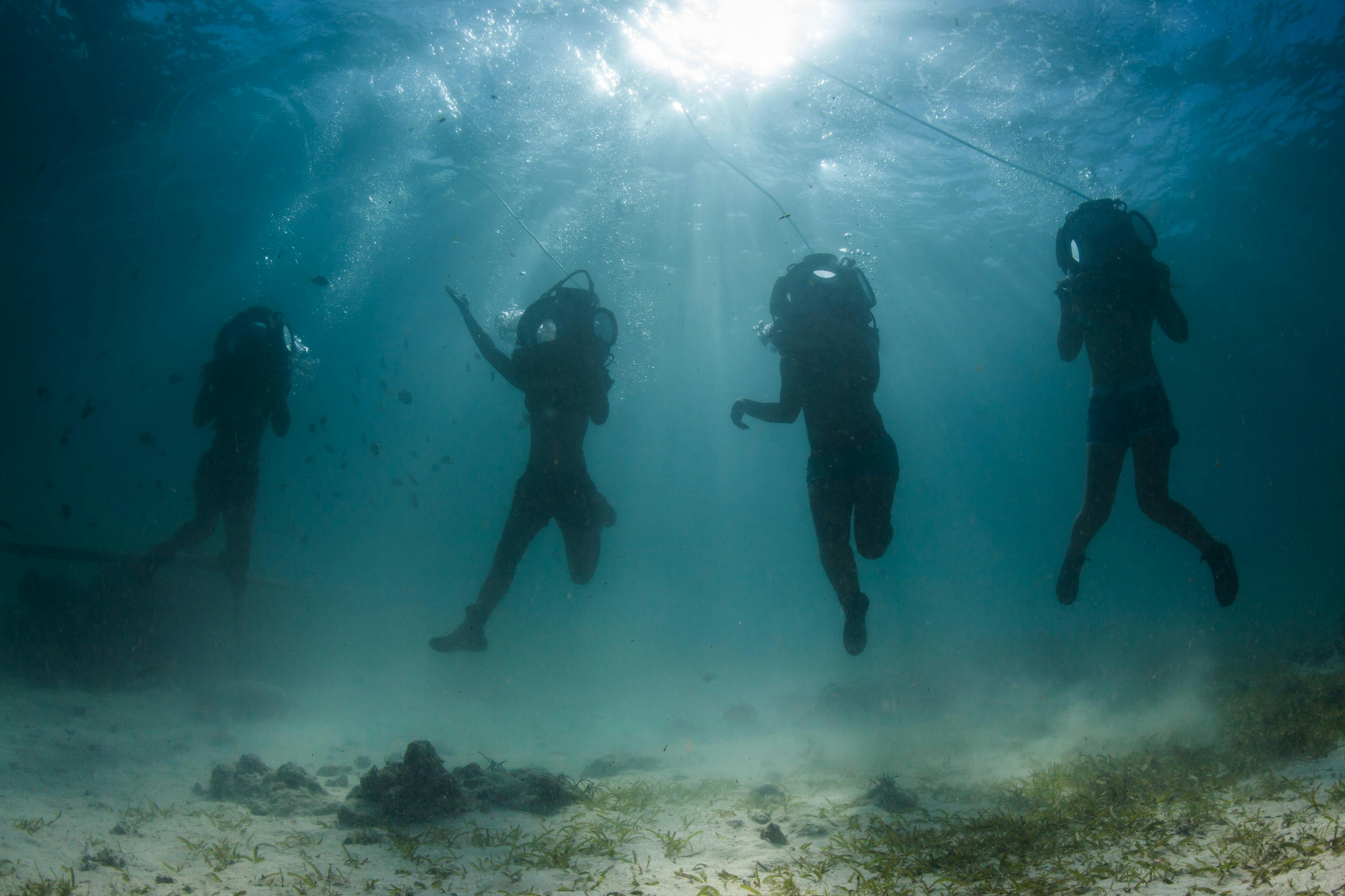 Quatre personnes sous l'eau portant des casques, reliées par des lignes, la lumière du soleil filtrant jusqu'au fond de l'océan.