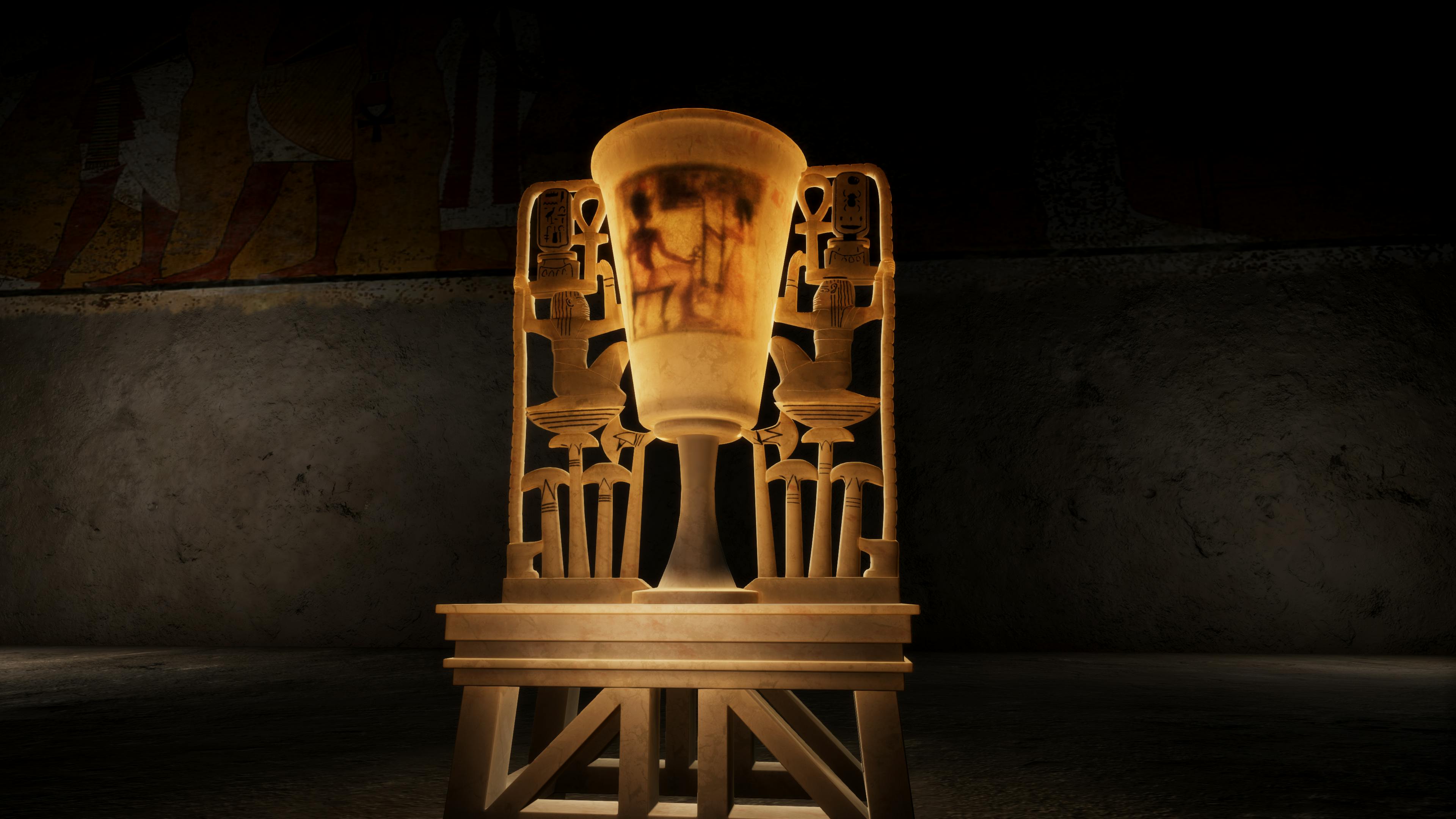 An illuminated ancient Egyptian-style chalice on an ornate stand with hieroglyphic carvings, set against a dark background.