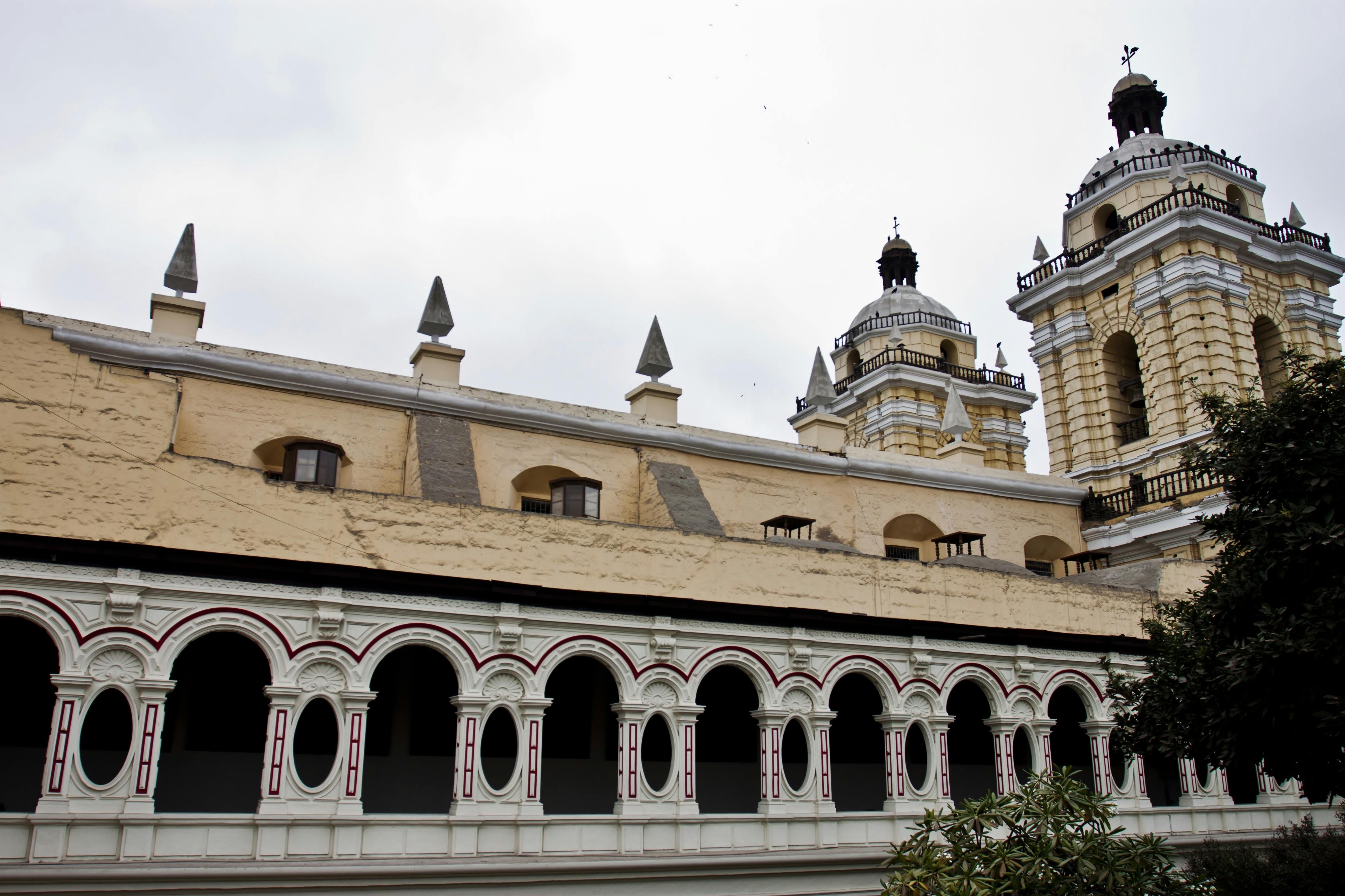 アーチ型の窓、華やかなディテール、曇り空の下にある高い塔を備えた歴史的な建物。 前景の茂み。