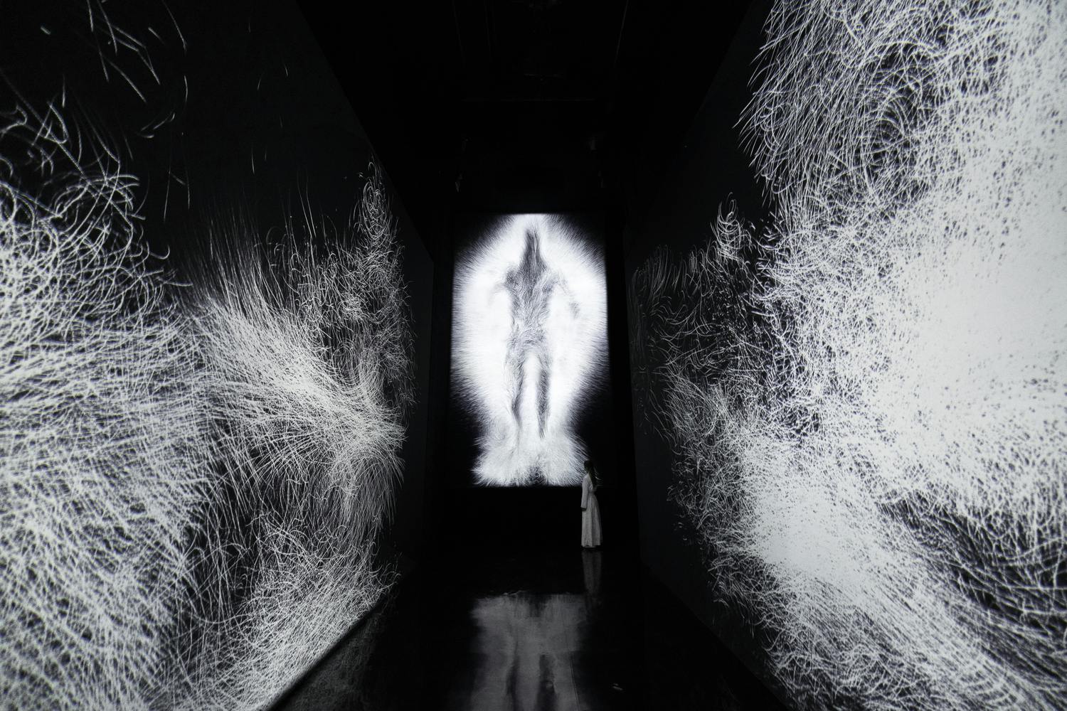 Un passadís fosc amb patrons blancs abstractes a les parets i una figura humana brillant projectada al final.