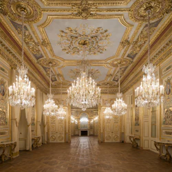 En utsmyckad balsal med kristallkronor, guldkant, invecklade takdesigner, stora speglar och detaljerade fototapeter.
