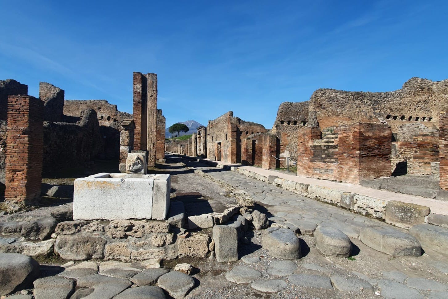 Ancient ruins with stone pathways and brick structures under a clear blue sky. Mount Vesuvius is visible in the background.