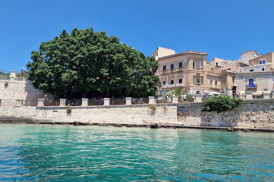 A large tree and historic buildings line a waterfront with clear, turquoise water under a bright blue sky.