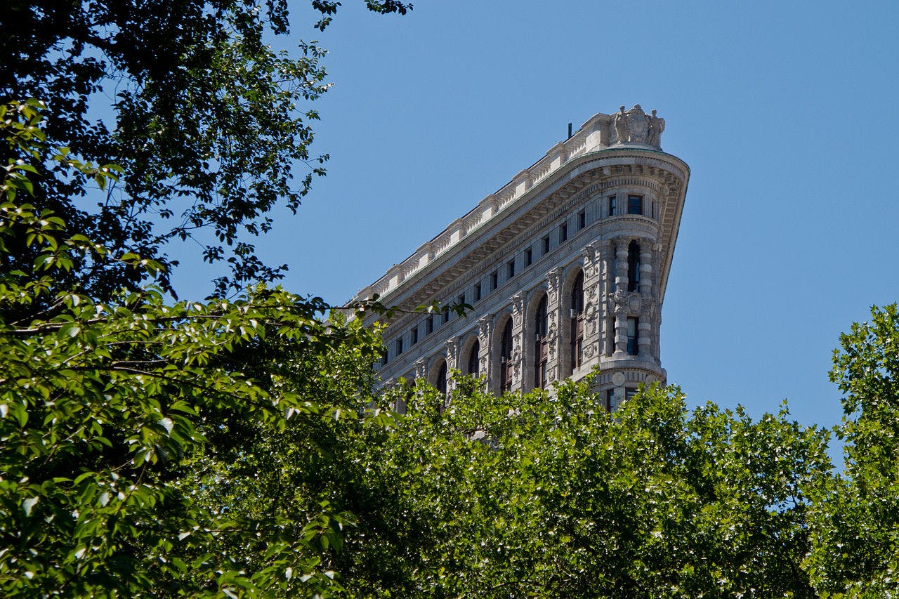 A historic building with ornate architecture peeks through lush green tree branches against a clear blue sky.