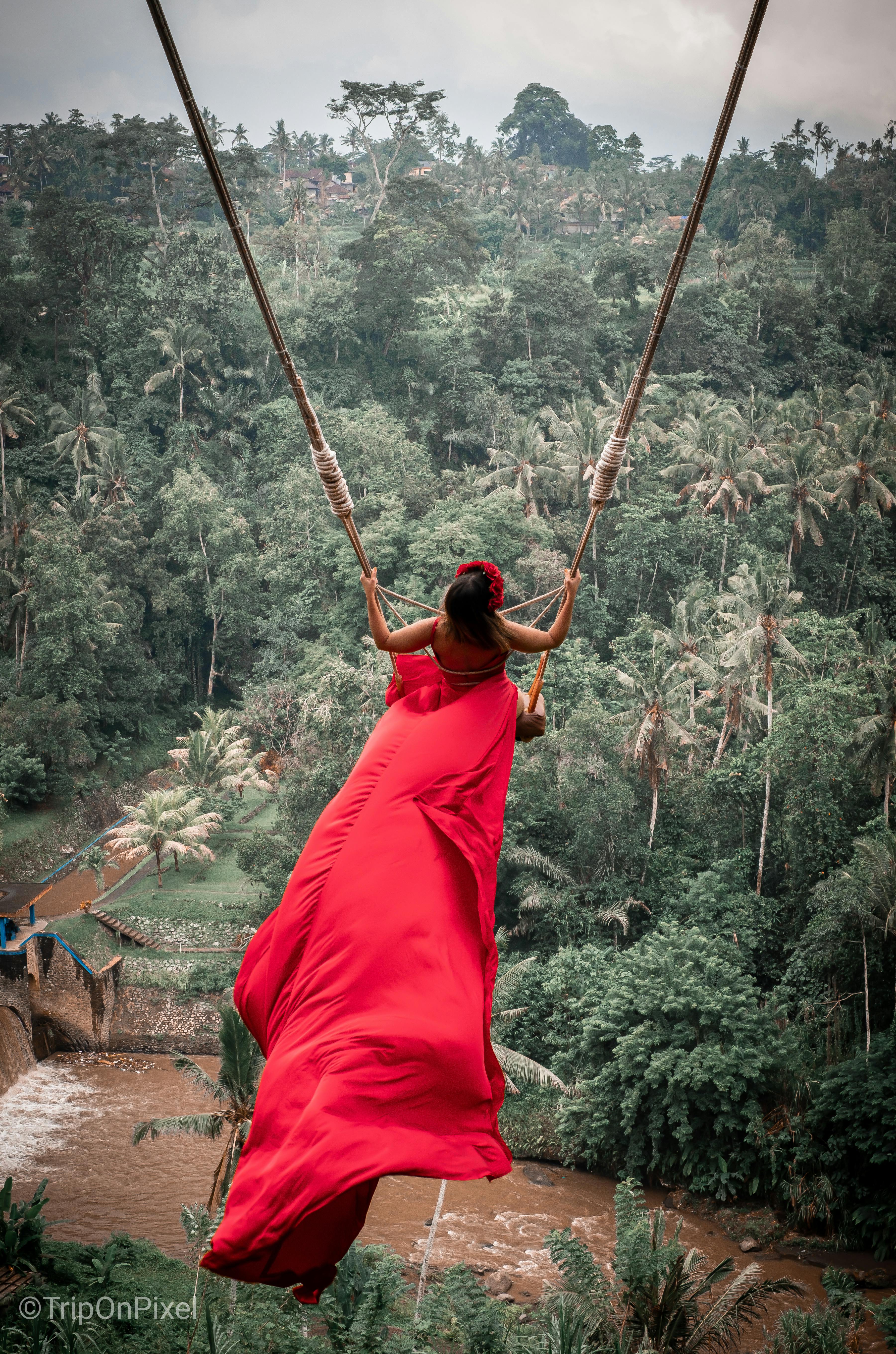 A woman in a long red dress swings high above a lush green forest and river.