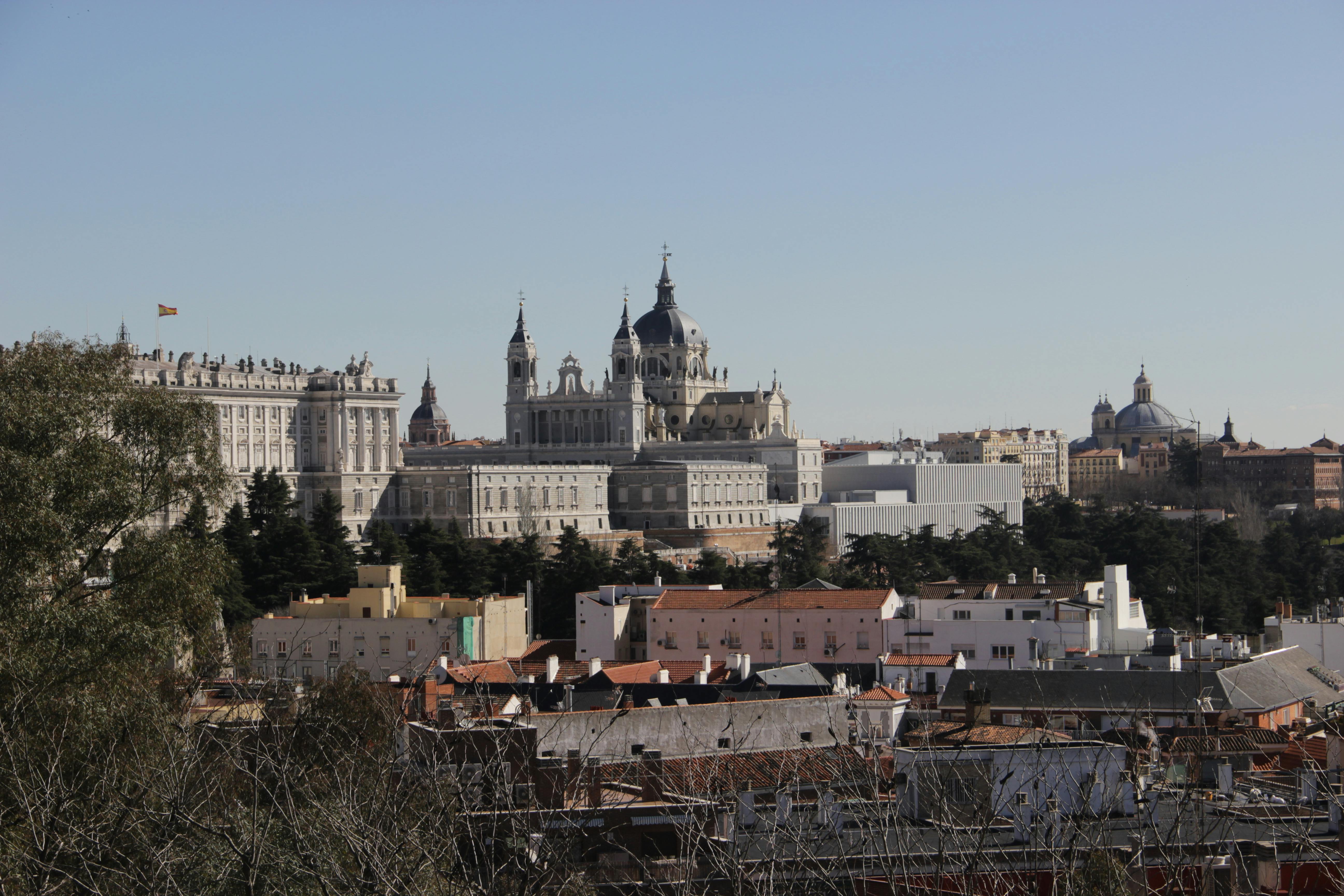 马德里的天际线景观，阿尔穆德纳大教堂（ Almudena Cathedral ）及其突出的圆顶和尖顶，周围环绕着各种建筑物。