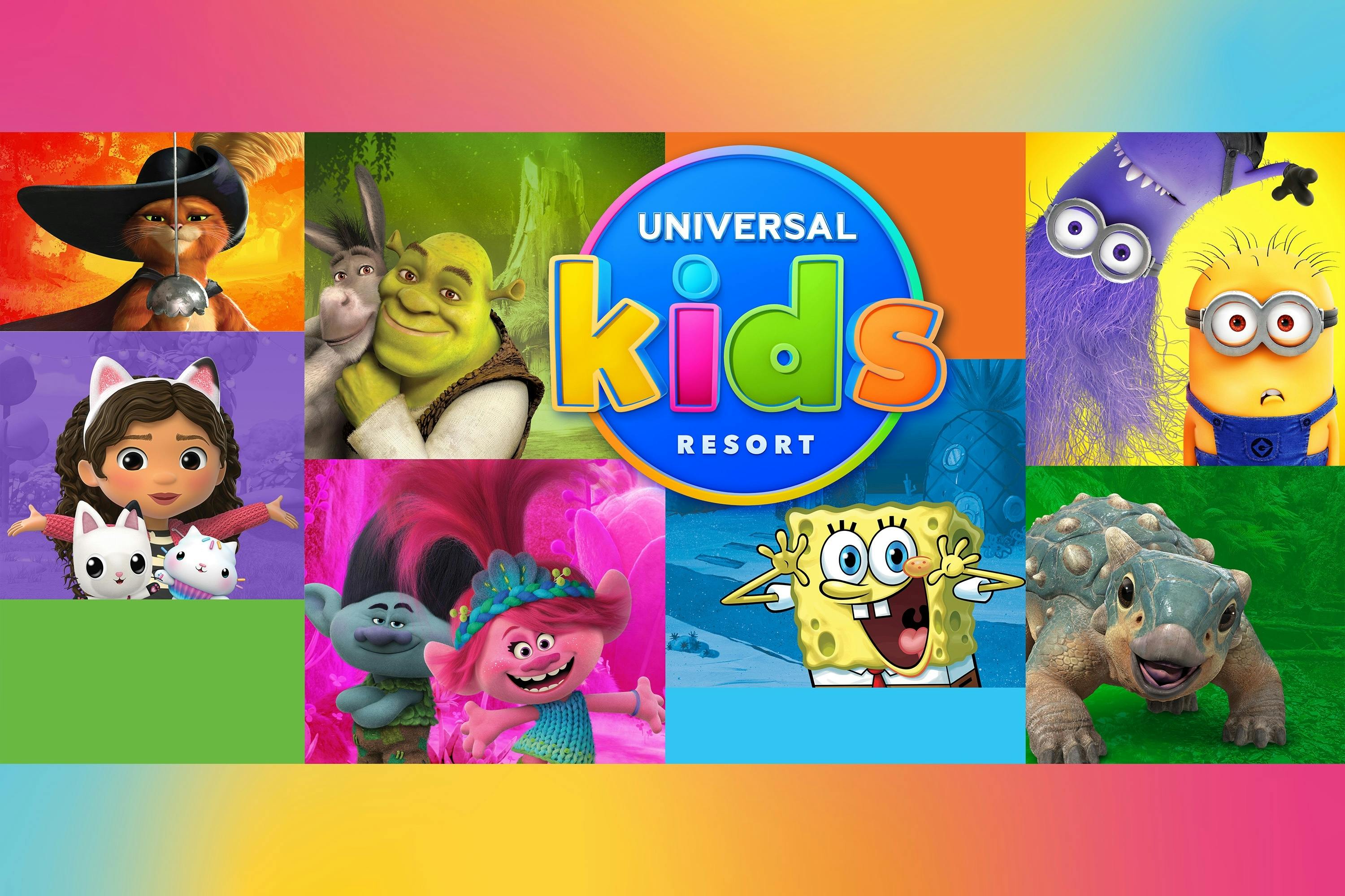 Collage représentant des personnages animés tels que Shrek, Minions, Trolls, Bob l'éponge et autres, avec un logo Universal Kids Resort.