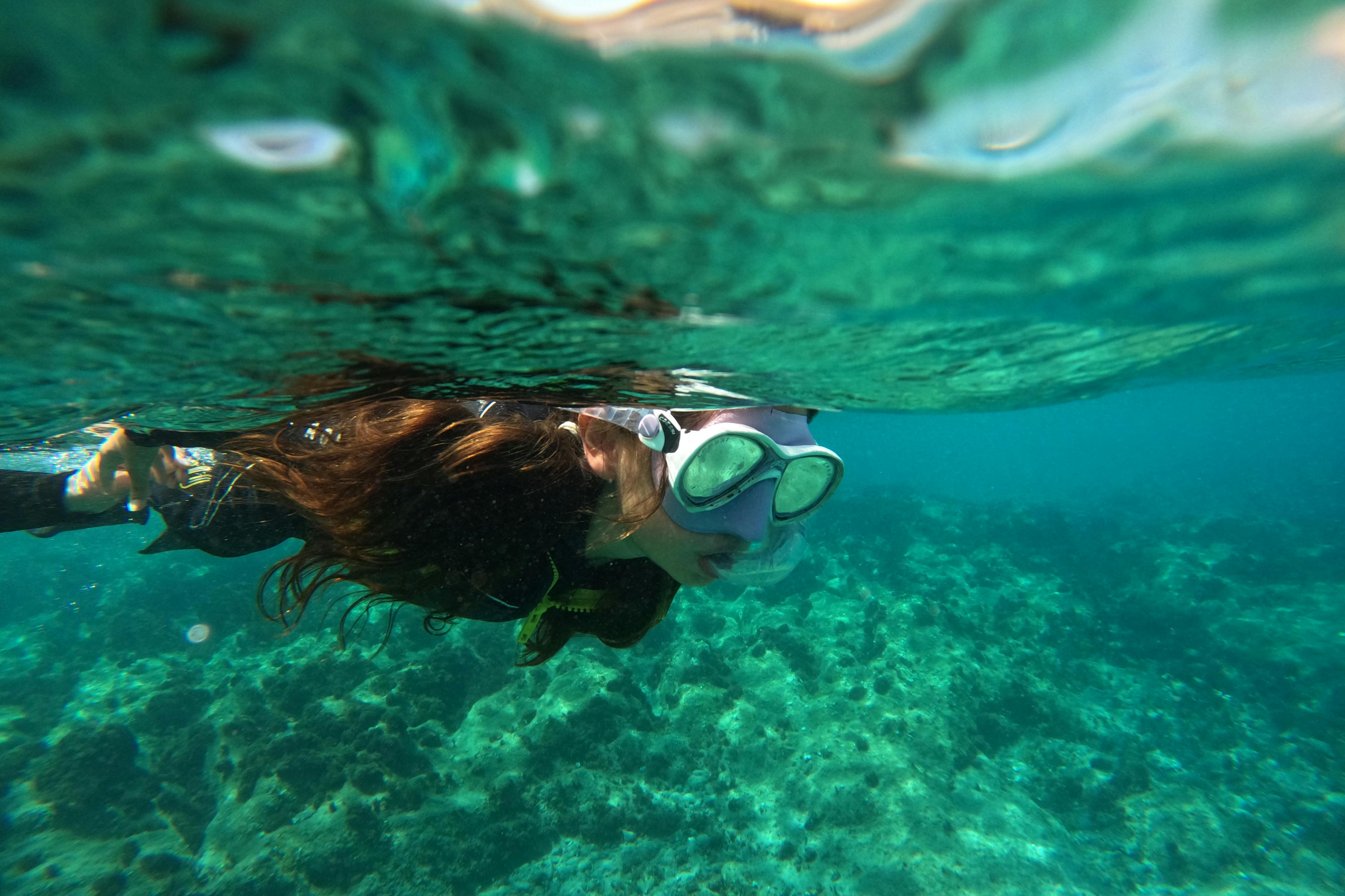 戴着口罩和浮潜的人在水下浮潜，可以清晰地看到珊瑚和海底。