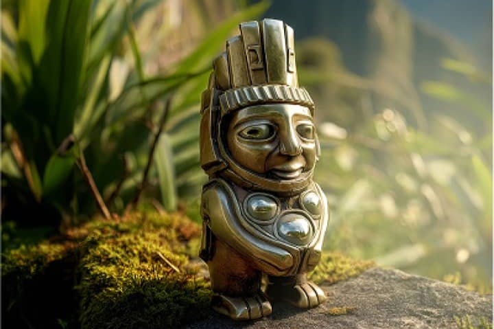 En gyllene staty av en liten, intrikat utformad humanoid figur står på mossig sten med frodig grönska i bakgrunden.