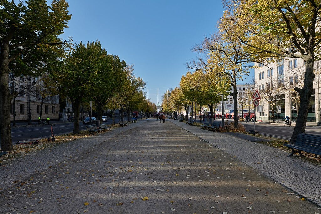 Tree-lined pedestrian walkway with benches on both sides, flanked by buildings and people in the background. Clear, sunny day.
