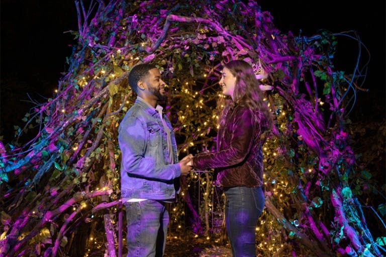 A couple holds hands under a tree arch adorned with fairy lights, illuminated by colorful purple and blue lights at night.
