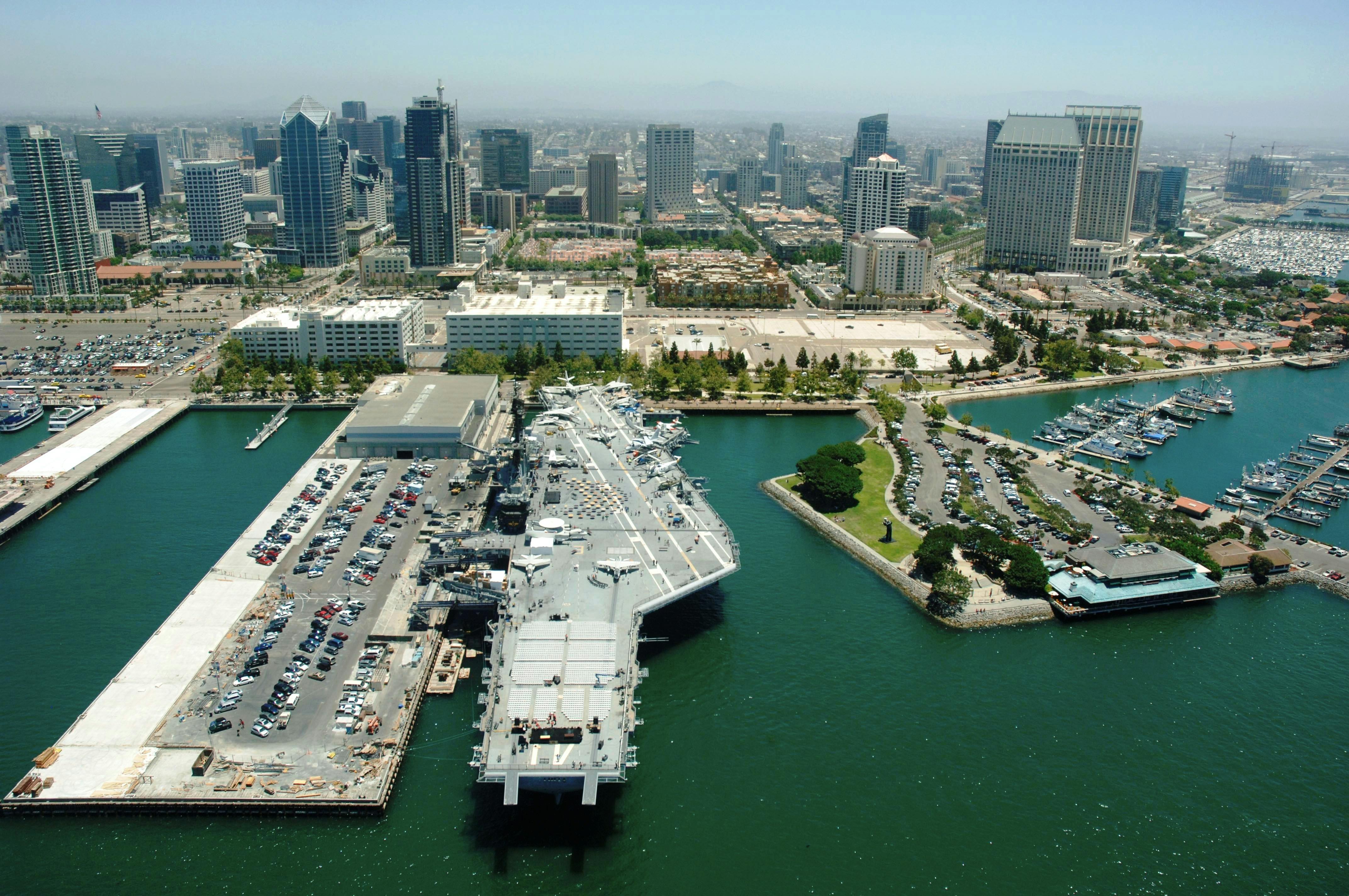 Image of San Diego with the dock and the navy boat