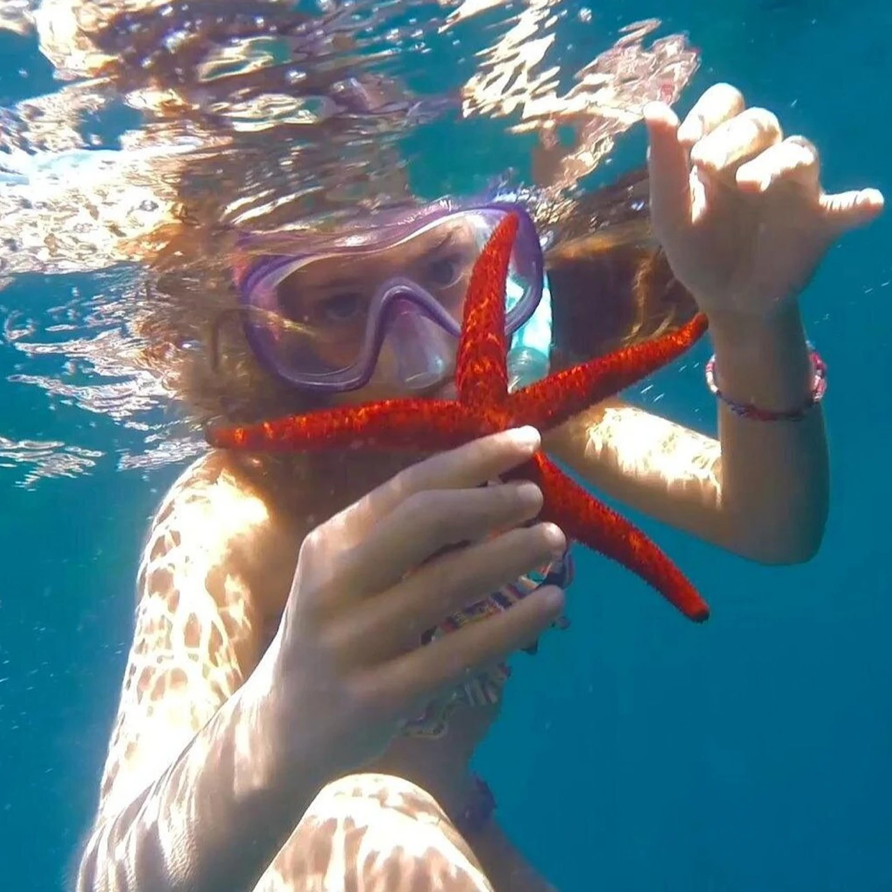 A person underwater in goggles holding a red starfish in clear blue water.