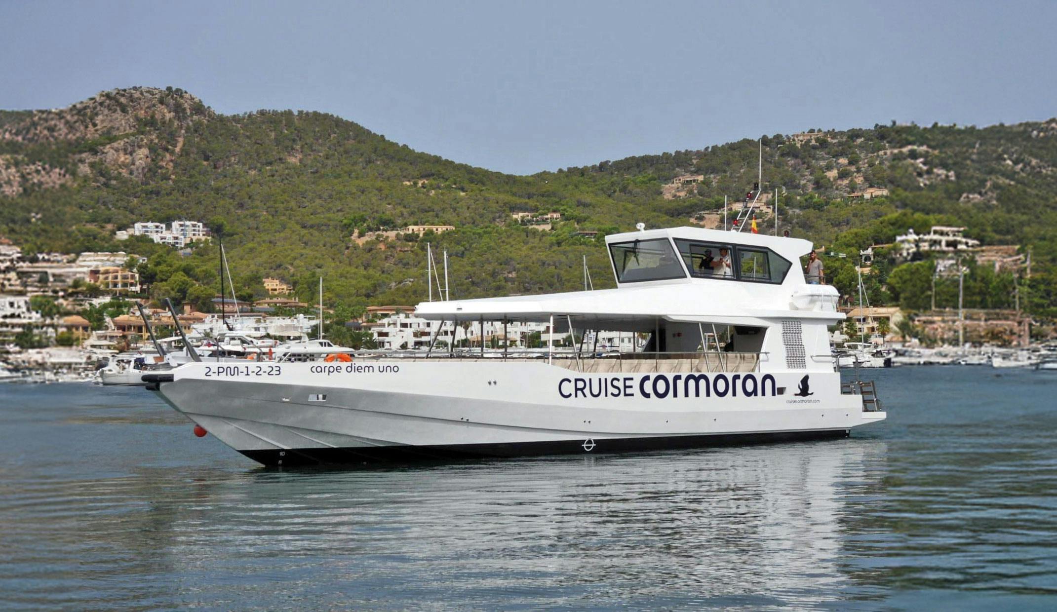 Ένα λευκό επιβατηγό σκάφος με το όνομα «CRUISE Cormoran» αγκυροβόλησε σε ήρεμα νερά με λόφους και κτίρια στο παρασκήνιο.