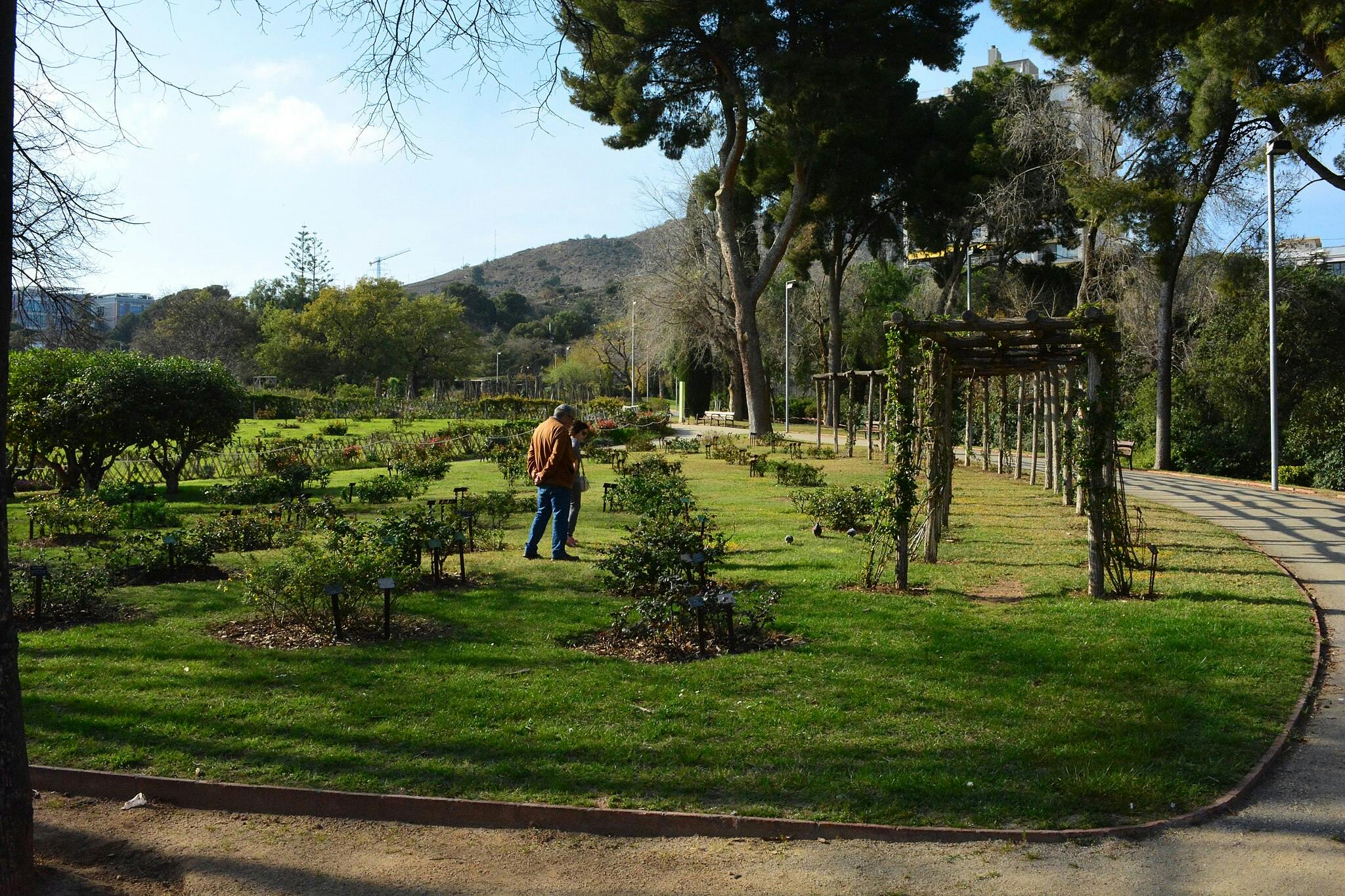 Man and child walking through a green park with bushes, trees, and a pergola-covered path, hills in the background.