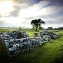 Ancient stone ruins in a grassy field with a lone tree in the background under a partly cloudy sky.