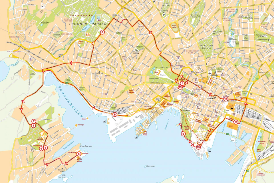 A detailed map showing a city layout with marked routes, streets, Frogner Park, waterfront areas, and various numbered points of interest.