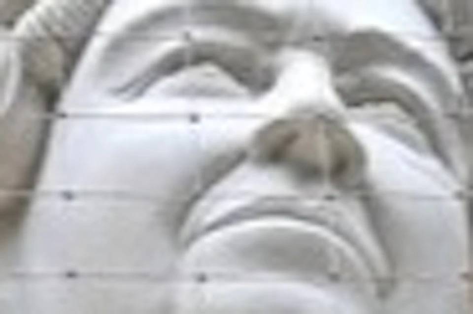 A stone statue of a historical figure in royal attire, encased in a net, within a Gothic architectural niche.