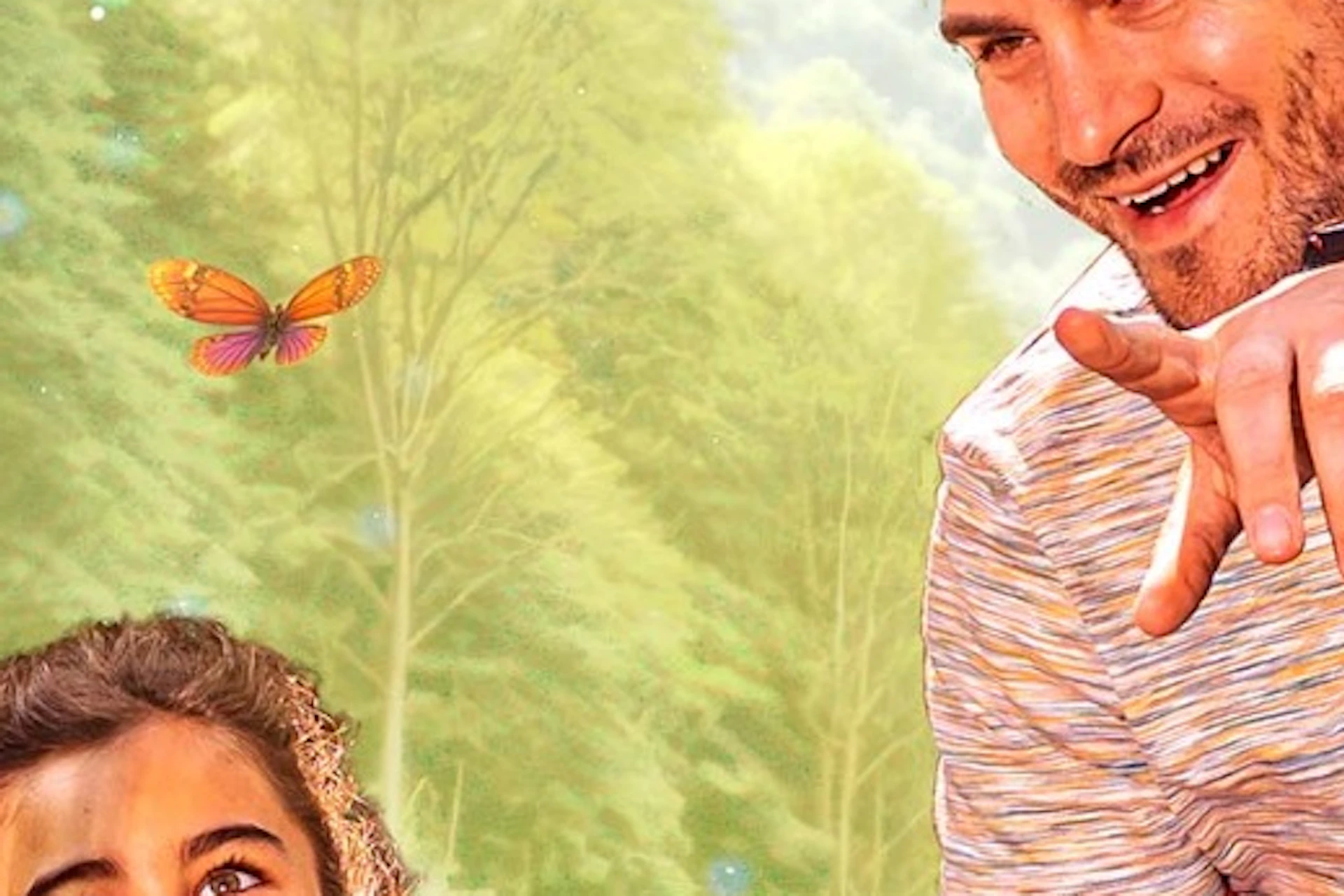 A man and child enjoy a swing ride with a bee decoration in a colorful, whimsical park featuring flowers and rollercoasters.