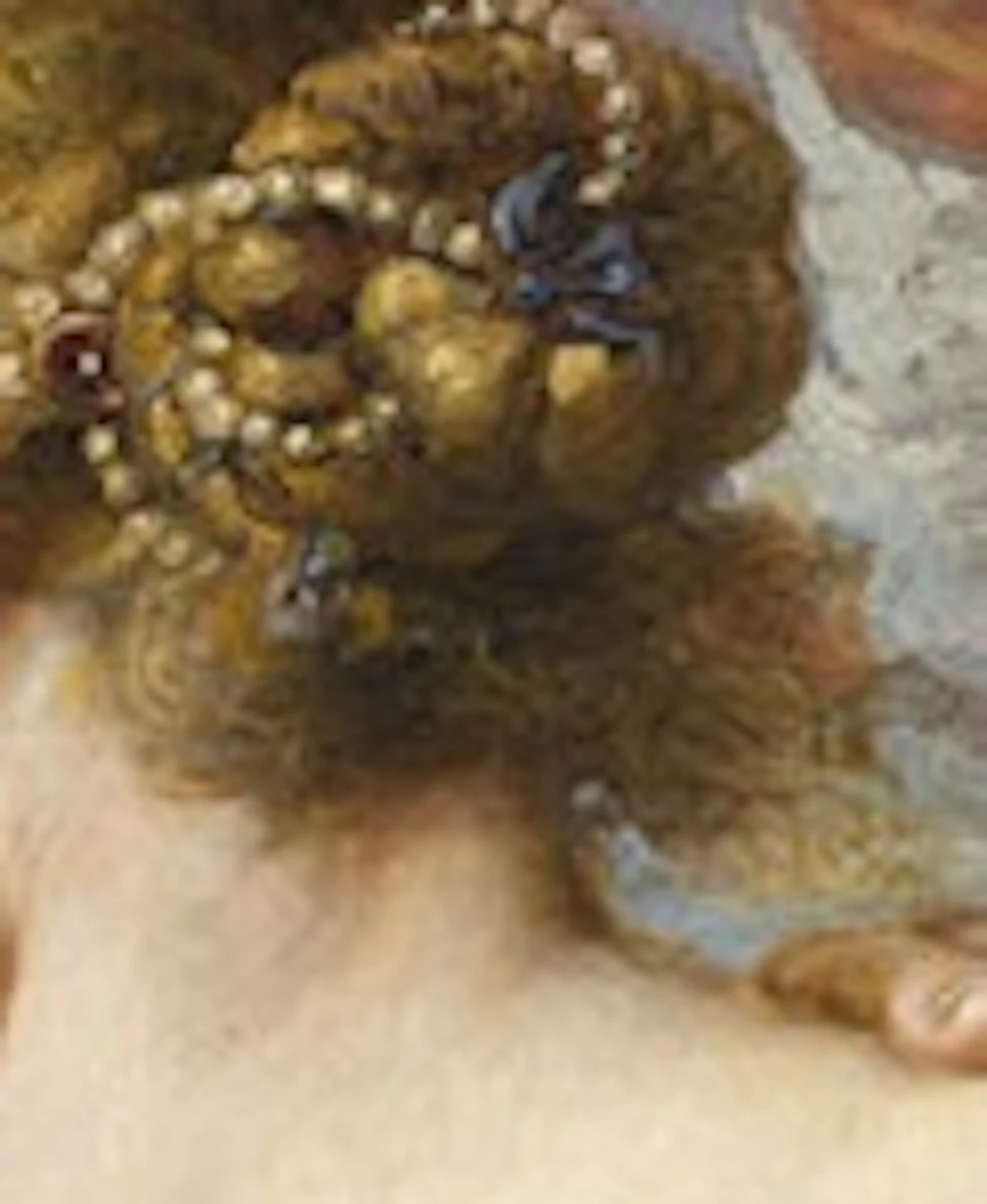 Three nude women stand closely, embracing each other, in an outdoor scene with a floral garland above and a cherub sculpture nearby.