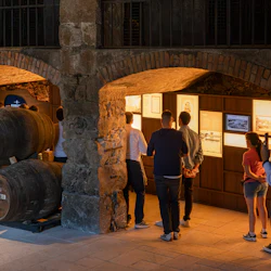 People looking at displays and wine barrels inside a room with stone arches and warm lighting.