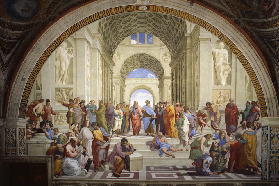 A fresco painting of a grand hall with numerous people engaged in discussion, surrounded by classical architecture and sculptures.