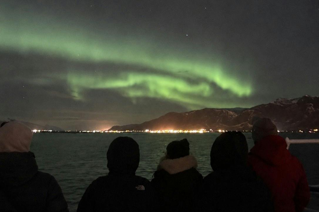 People observing the northern lights over a mountainous landscape and water at night.